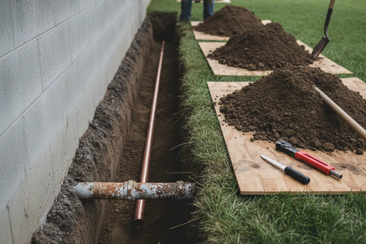 Excavated water line trench during Water Softener Installation in Garrattsville